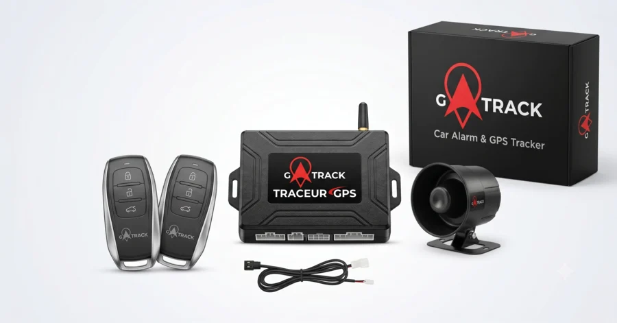 Alarme voiture GTRACK avec centrale, sirène et télécommandes, posée à domicile en Île-de-France